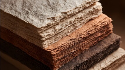 Stacked layers of textured handmade paper display various earthy tones