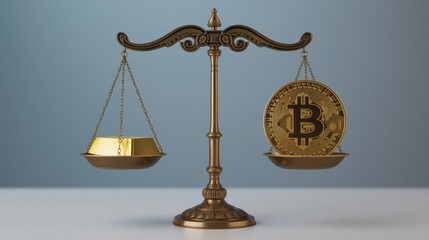 Scale balancing gold and a bitcoin cryptocurrency coin. Suitable for financial concepts, investment, digital currency, and market trends illustrations.
