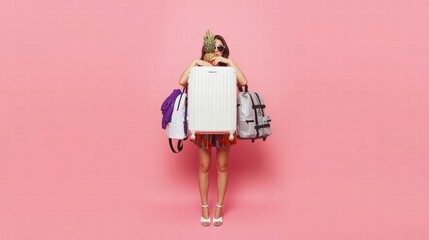 Woman with luggage and backpacks on pink background, symbolizing travel. Perfect for travel blogs, vacation websites, or tourist agencies.