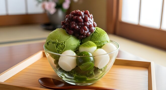 A stunning bowl of Japanese Matcha Ice Cream topped with sweet red bean paste (Anko) and chewy mochi (Dango), served on a wooden tray. A classic green tea dessert parfait