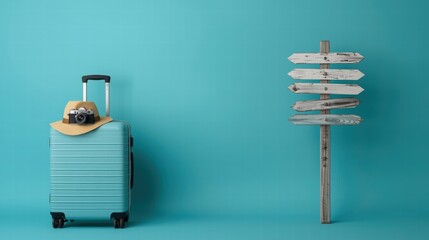 Travelthemed flat lay composition with a suitcase, hat, camera, and directional sign on blue background. Perfect for travel blogs or websites.