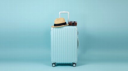 Travel essentials neatly arranged on suitcase for a vacation concept. Perfect for travel blogs, lifestyle articles, and vacationthemed designs.