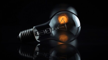 Glowing lightbulb on dark reflective surface, ideal for business concepts, creativity, innovation, ideas, energy saving, or technology designs.