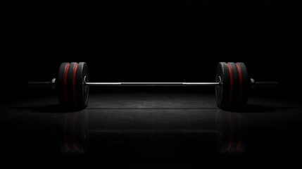 Solitary barbell on reflective dark surface suitable for fitness posters, gym websites, workout blogs, weightlifting guides, and sports designs.