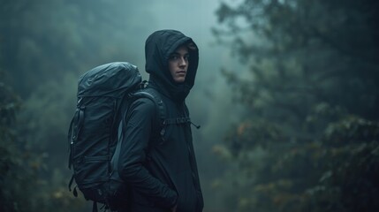 Hiker with backpack navigates foggy forest. Perfect for adventure, hiking, outdoor activities, nature, exploration, travel, and backpacking themes.