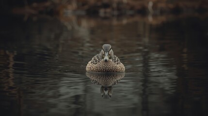 Mottled brown duck in dark water suitable for nature blog, birdwatching website, wildlife magazine, outdoor brand, social media post.