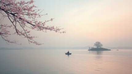 Boat floating on koreas lake chungju at dawn with cherry blossoms, perfect for travel blogs or springthemed marketing materials.