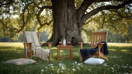 Peaceful meadow scene with two chairs, a table, and a grand old tree, ideal for nature, relaxation, outdoor dining concepts.