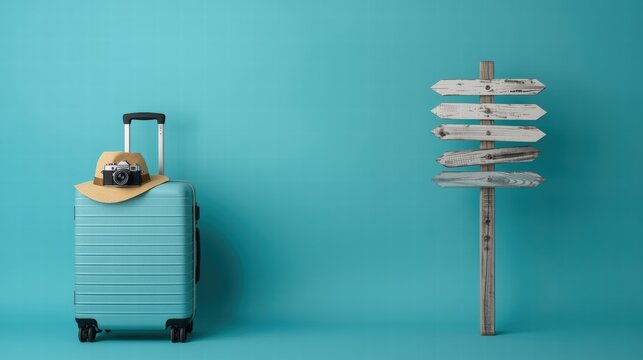 Travelthemed flat lay composition with a suitcase, hat, camera, and directional sign on blue background. Perfect for travel blogs or websites.