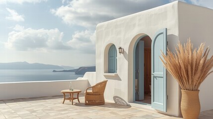 Whitewashed building nestled on a cliff above the sea in iconic santorini, greece. Perfect for travel blogs, print design, and social media posts.