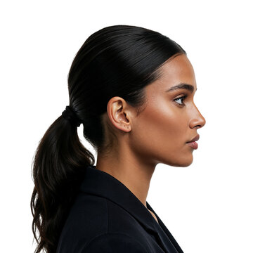 Striking profile portrait of a woman with dark hair and intense gaze isolated on transparent background