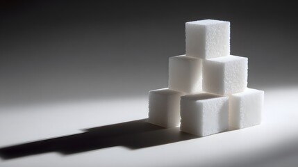 Stack of white granulated sweetening cubes forms a small pyramid shape with long shadow