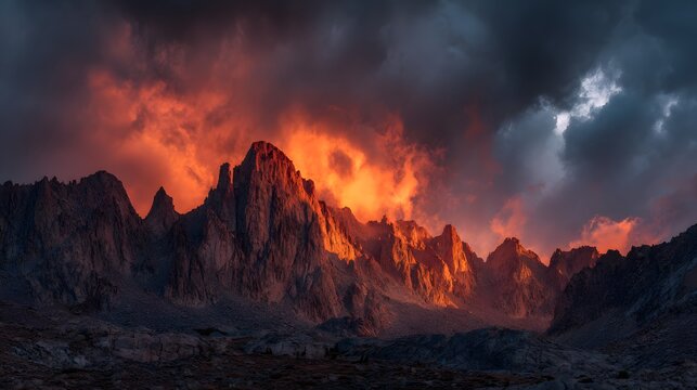 Jagged mountain range illuminated by fiery sunset light beneath dark, dramatic storm clouds - Powered by Adobe