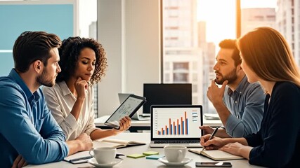 Business team collaborating around digital tablet during meeting in modern office with sunlight streaming in - Powered by Adobe