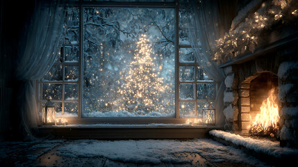 Realistic 3D Christmas screensaver featuring a crackling fireplace, shimmering Christmas tree lights, softly falling snow visible through a frosted window, serene holiday mood, isolated on white backg