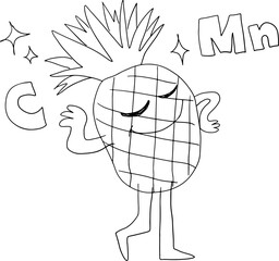 Happy pineapple with leaves standing among floating vitamin symbols, vibrant and cheerful illustration. Drawn with black curved lines in grunge style