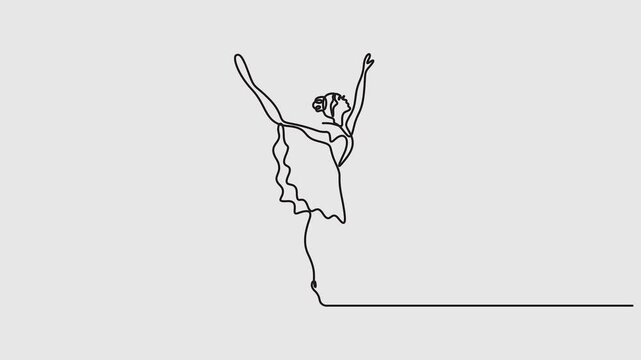 Ballerina dancing single line art animation. Animated sketch drawing concept ballet one line. Self drawing animation of continuous one line drawing. Full length single line 4K video