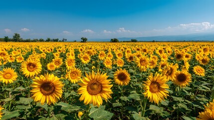 Obraz premium Vast field of bright yellow flowering plants stretches toward a distant horizon under a clear blue sky.
