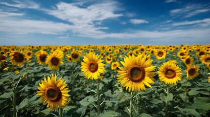 Fototapeta premium Vast expanse of bright yellow sunflowers stretches beneath a vivid blue sky dotted with white clouds