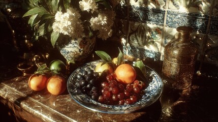 Still Life Arrangement of Fruits and Flowers in Sunlight