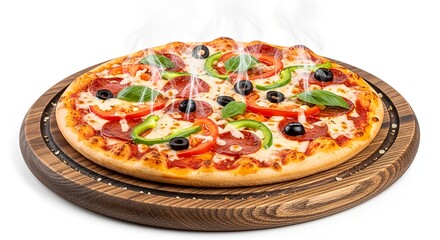 Delicious Italian fast food pizza with salami and cheese isolated on a white background