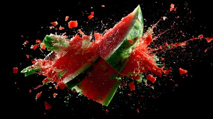 Slices of ripe fruit violently fragmenting against a deep black background