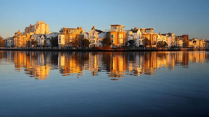 Fototapeta premium Residential buildings line the water's edge during a golden hour reflection on the surface