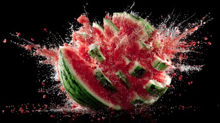 Half a ripe melon explodes violently against a dark background in a high speed photograph