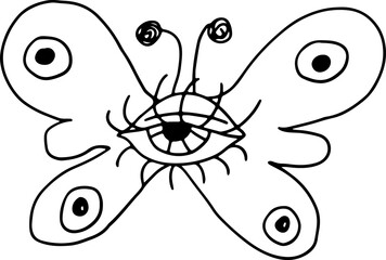 Playful psychedelic eye with butterfly wings and surreal design. Drawn with black curved lines in grunge style