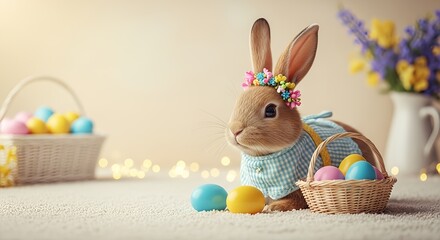 Cute spring bunny with basket of decorative eggs for the Easter holiday celebration