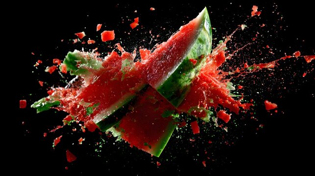 Slices of ripe fruit violently fragmenting against a deep black background
