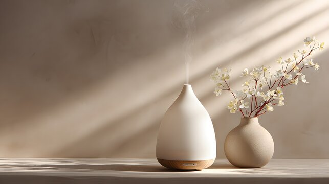 Ceramic essential oil diffuser emits mist alongside delicate white blossoms in a vase