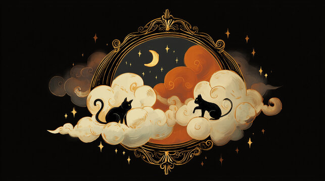 halloween featuring black cats in the sky of clouds, crescent moon and stars behind 