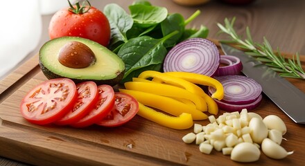 A vibrant assortment of fresh ingredients including tomatoes, avocado, spinach, red onion, yellow bell pepper, and garlic are artfully arranged on a wooden cutting board.
