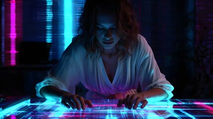 Focused woman interacts with glowing digital data display embedded in a futuristic surface