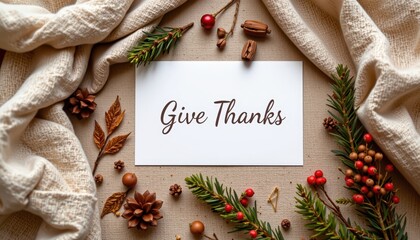 Cozy Thanksgiving Flat Lay with Give Thanks Greeting Card and Festive Decor, Copy Space