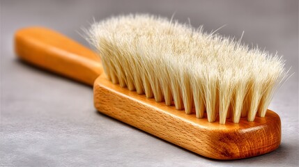 Wooden handled brush with natural bristles rests on a textured gray surface