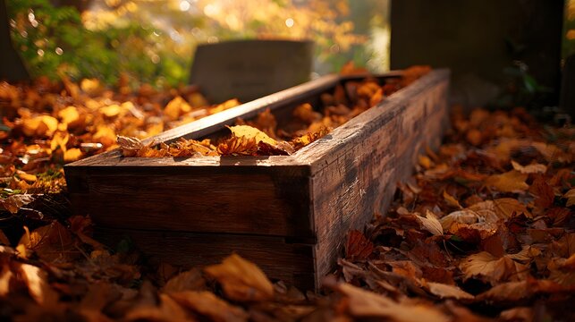 Wooden coffin border filled with fallen autumn foliage rests in a dimly lit outdoor setting