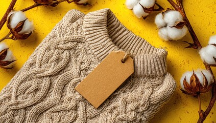 Cozy knitted sweater with blank tag rests on a bright yellow surface beside cotton sprigs.
