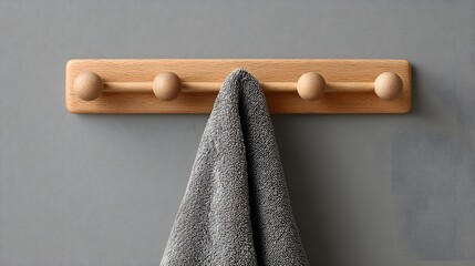 Wooden wall mounted coat rack features round knobs holding a soft gray fabric