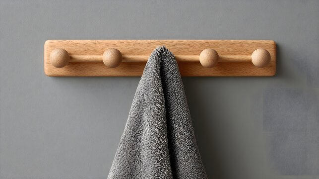 Wooden wall mounted coat rack features round knobs holding a soft gray fabric