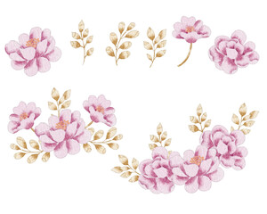 Pink Rose and Anemone Watercolor Flower and Leaves