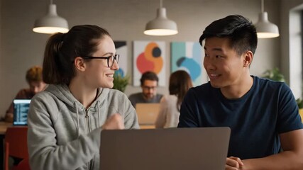 Diverse Team Collaborating on Laptop in Modern Office Environment. - Powered by Adobe