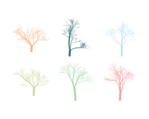 Colorful Bare Trees Silhouettes on White Background Displaying Autumn and Winter Vibes Perfect for Design Projects and Seasonal Illustrations
