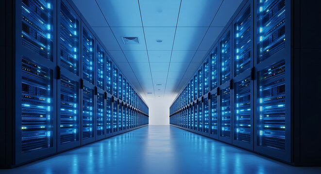 Wide interior shot of a cool-toned data center aisle. Rows of tall server racks line the corridor, illuminated uniformly by bright blue LED status lights.