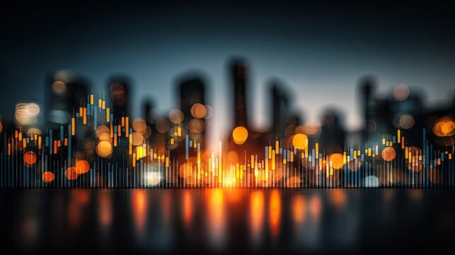 Illuminated financial growth charts display dynamically against a blurred urban skyline background.