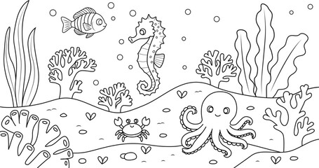 Coloring pages for children with an underwater world theme, featuring underwater animals such as octopus, clownfish, crab, sea anemone, and seahorse. © yanli