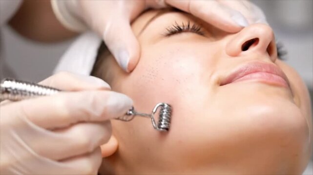 Beautician Using Derma Roller on Client&rsquo;s Cheek