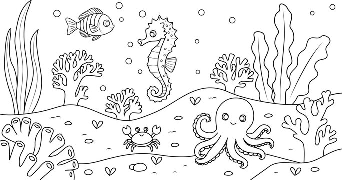 Coloring pages for children with an underwater world theme, featuring underwater animals such as octopus, clownfish, crab, sea anemone, and seahorse.