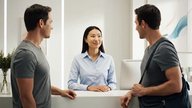 Skincare Clinic Receptionist Greeting Customer with Smile